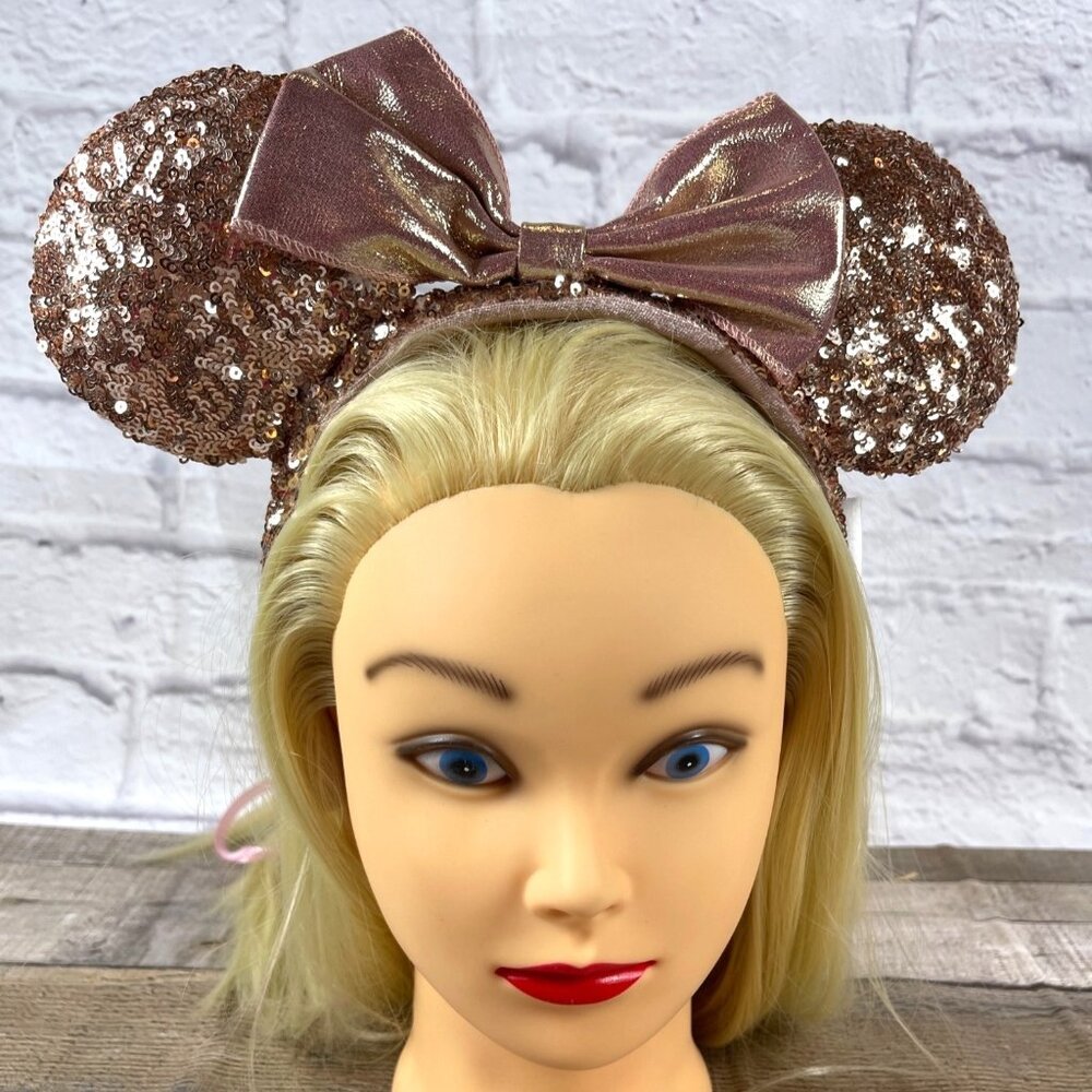Rose Gold Walt Disney Parks Minnie Mickey Mouse Ears Headband Bow Pink Sequins - Picture 2 of 12